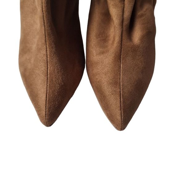 Express SZ 6 Brown Faux Suede Pull On Heeled Slouch Paper Bag Ankle Bootie Boots - Picture 4 of 14